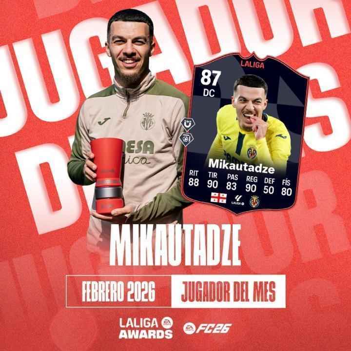  4场3球1助，比利亚雷亚尔前锋米卡塔泽当选西甲2月最佳球员 新闻